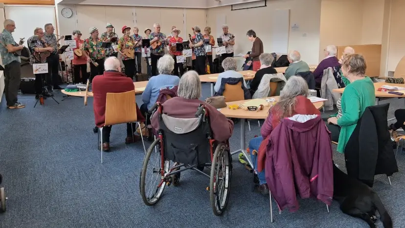 Pershore u3a Ukulele group performing at Pershore Pathfinders