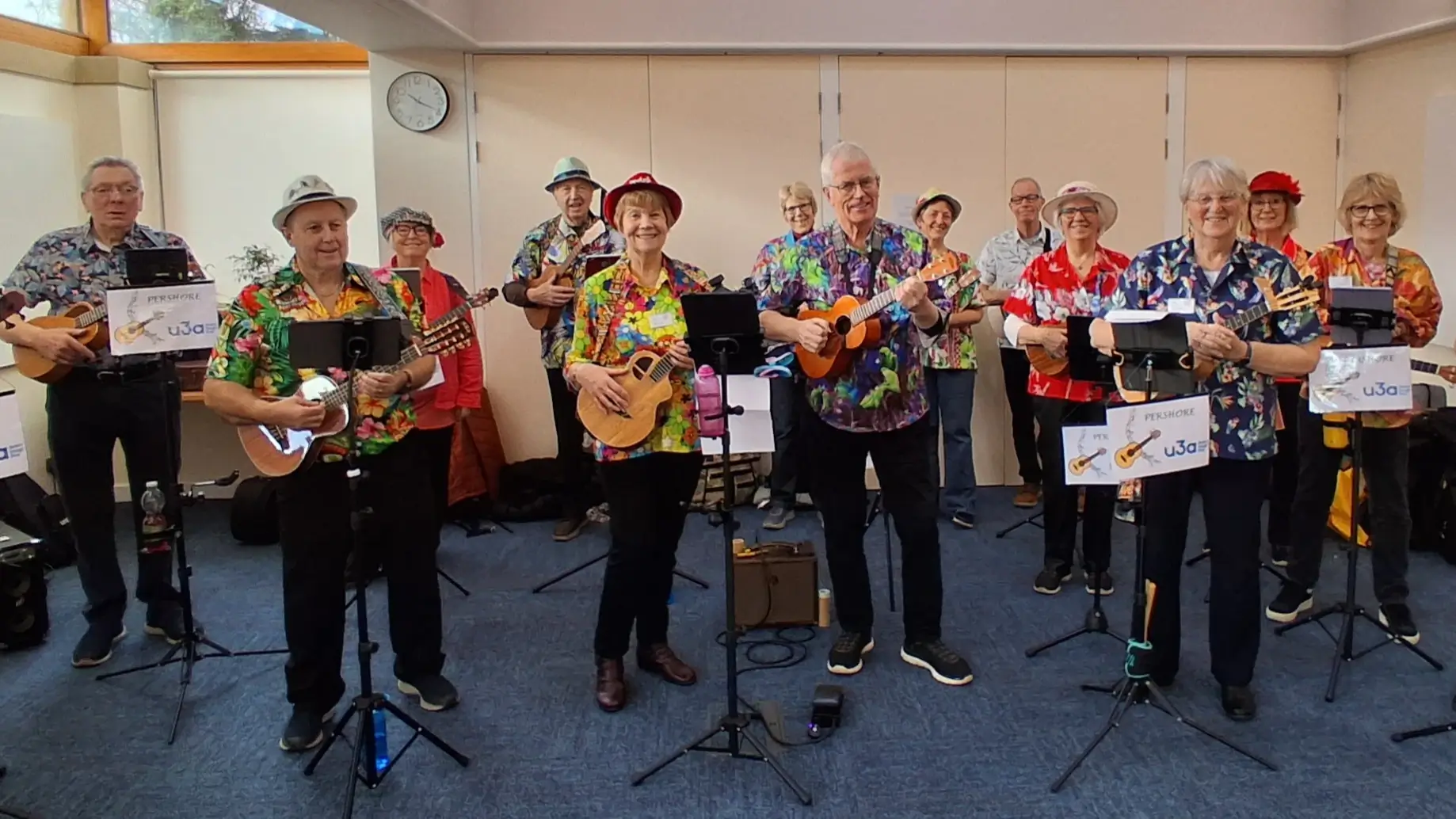 Pershore u3a Ukulele group performing at Pershore Pathfinders